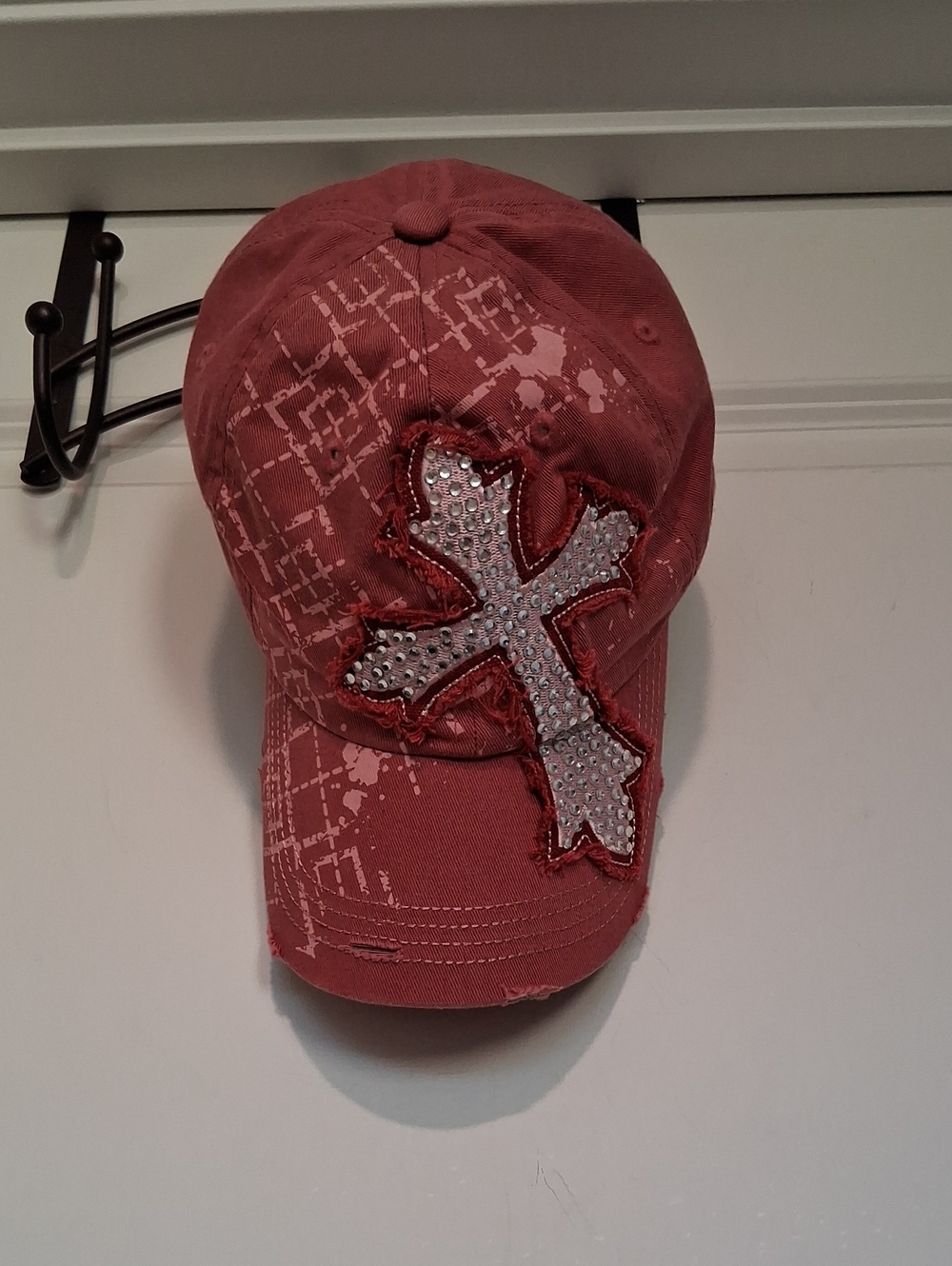 Rhinestone Cross Embroidered Cap - Red